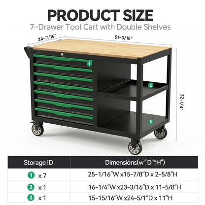 Griplier 7-Drawers Professional Tool Cart Cabinet,Rolling Tool Chest with Double Shelves,Wood Workbench,Brake Wheels,51.1W x 18.9D x 32.3H inches for Garage, Workshop, or Outdoor Use(7 Drawers)