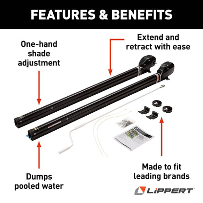 Solera 69 in. Hybrid Universal RV Awning Arms Hardware Kit, Easy to Install, Two-Position Pitch, Auto Rain Dump, Crank Wand, Installation Hardware Included, Simple One-Step Setup, Black - 434727