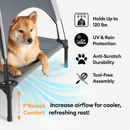 FUNNY FUZZY Elevated Dog Bed with Canopy,Grey, X-Large(48"x36"x9")–Outdoor Pet Cot with UV Protection, Breathable Mesh for Cooling, Indoor & Outdoor Use for Dogs up to 120 lbs