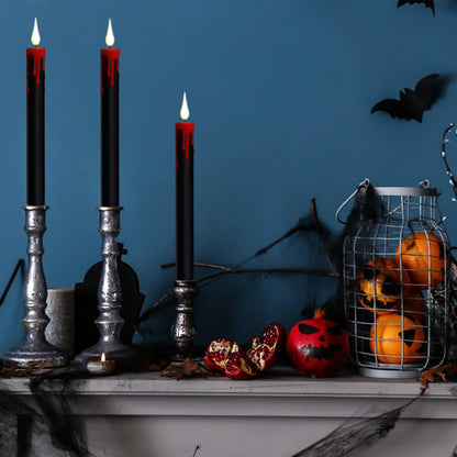 Lasumora Halloween Black Flameless Taper Candles Flickering with Remote Timer, Battery Operated Led Taper Candle, 4 Pcs Drip Wax Candlesticks for Halloween Decor Horror Party Table Window Decoration