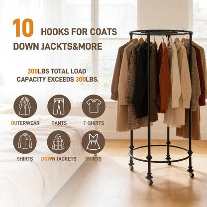 Gereat Dual-Form Rolling Round Clothing Rack, 330LBS Heavy Duty Garment Rack with Wheels or Leveling Feet, Rotating Commercial Retail Display Rack with Wood Topper for Boutique & Laundry Room