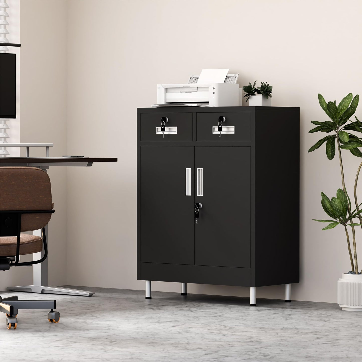 JINGUR Metal Storage Cabinet with Locking Doors and 2 Drawers, Lockable Storage Cabinet with Adjustable Shelf for Home Office Garage Entryway Pantry (Black)