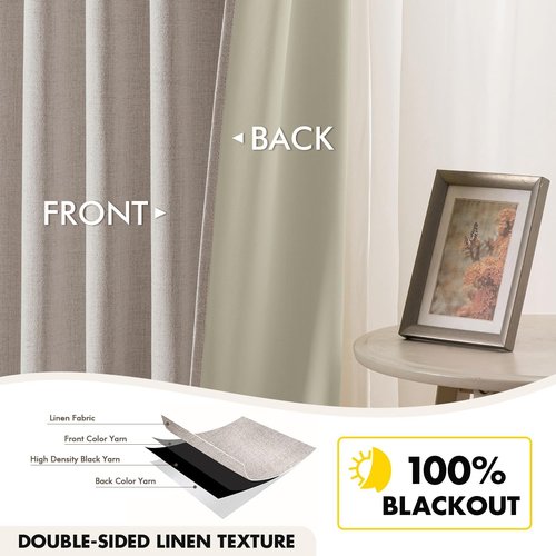 EMEMA Ivory White Linen Blackout Curtains - Thermal Insulated 100% Room Darkening Drapes | 42 x 63 Inch, 2 Panels for Luxury Bedroom & Living Room Decor