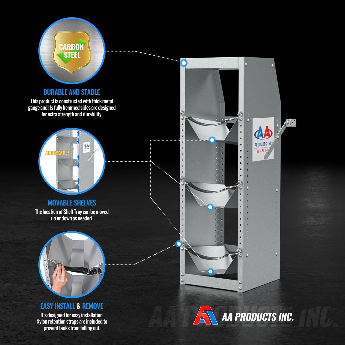 AA Products TR-3-38 Refrigerant Tank Rack Steel Freon Tank Holder Rack Shelving Storage with Top Shelf for Cargo Van, 38" H x 12.2" W x 13" D