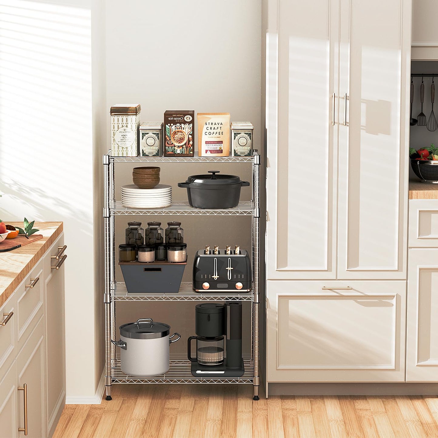 M MZG 5-Shelf Storage Shelves,Wire Shelving Heavy Duty Metal Storage Shelving Unit Adjustable Garage Shelving Rack Pantry Kitchen (Chrome, 4 Tier,15.8" D x 45.3" W x 59.4" H)