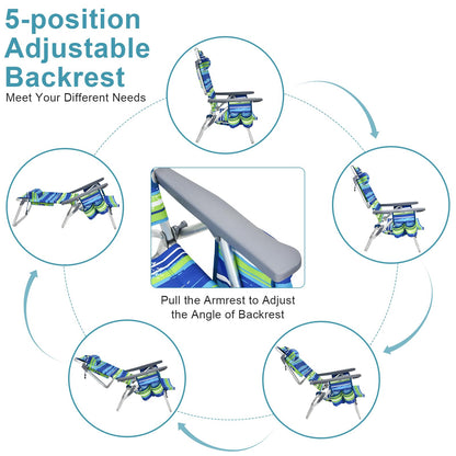 GYMAX Beach Chairs, Backpack Camping Chair with Armrest, Cooler Bag, Cup Holder, Towel Bar & Side Pockets, Sunbath Sling Tanning Lounge, Folding Layout Chair (with Table, Blue Stripe)