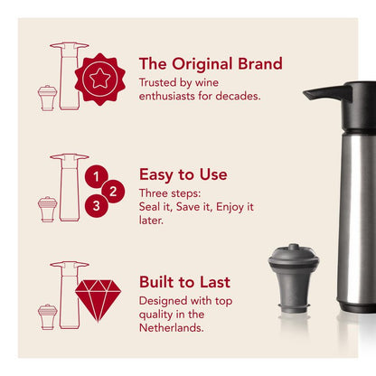Vacu Vin Wine Saver Stainless Steel Gift Box – Includes 1 Vacuum Pump & 2 Stoppers – Preserve Wine Freshness – Elegant Wine Accessory Set