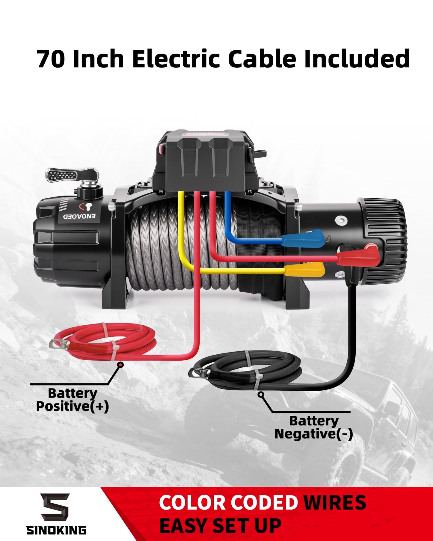 SINOKING PRO Series 13500 lb Electric Winch, 12V Towing Winch, Synthetic Rope, 2-in-1 Wired/Wireless Remote, Waterproof IP67, 7 HP Motor for Jeep, SUV, Truck & Trailer