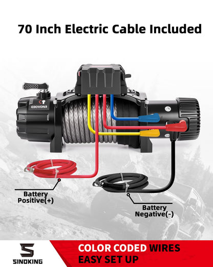 SINOKING PRO Series 13500 lb Electric Winch, 12V Towing Winch, Synthetic Rope, 2-in-1 Wired/Wireless Remote, Waterproof IP67, 7 HP Motor for Jeep, SUV, Truck & Trailer