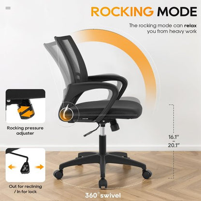 BestOffice Ergonomic Office Chair - Mid-Back Swivel Desk Chair with Breathable Backrest & Lumbar Support | Adjustable Height & Rolling Wheels | Dark Black for Adults & Women