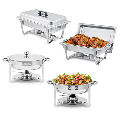 Garvee 4 Pack Chafing Dish Buffet Set, 8 Qt Rectangle & 5 Qt Round Stainless Steel Chafers and Food Warmer Sets with Lid, Food & Water Pan and Fuel Holder for Events, Parties & Holiday Catering