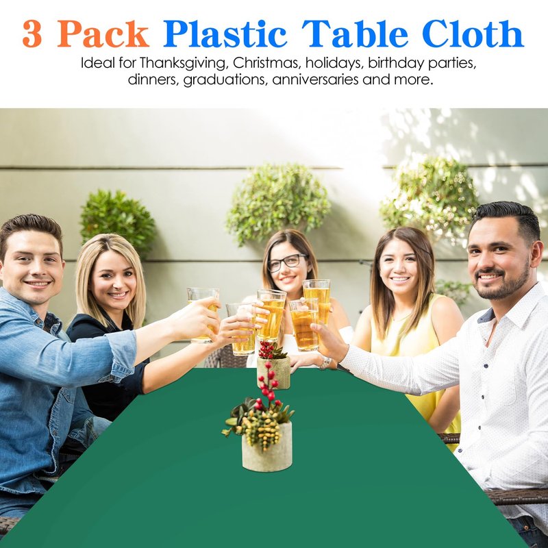 YSYJ 3 Pack Dark Green Plastic Tablecloth Disposable Rectangular Table Cloth 54 x 108 Inch Table Cover for Parties