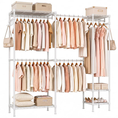 Kryonix Expandable Heavy Duty Garment Rack, 900lbs Freestanding Clothes Rack with 5 Hanging Rods & 6 Shelves, Adjustable Width(70''-88.2'') Metal Wardrobe Closet for Bedroom, Laundry Room, White