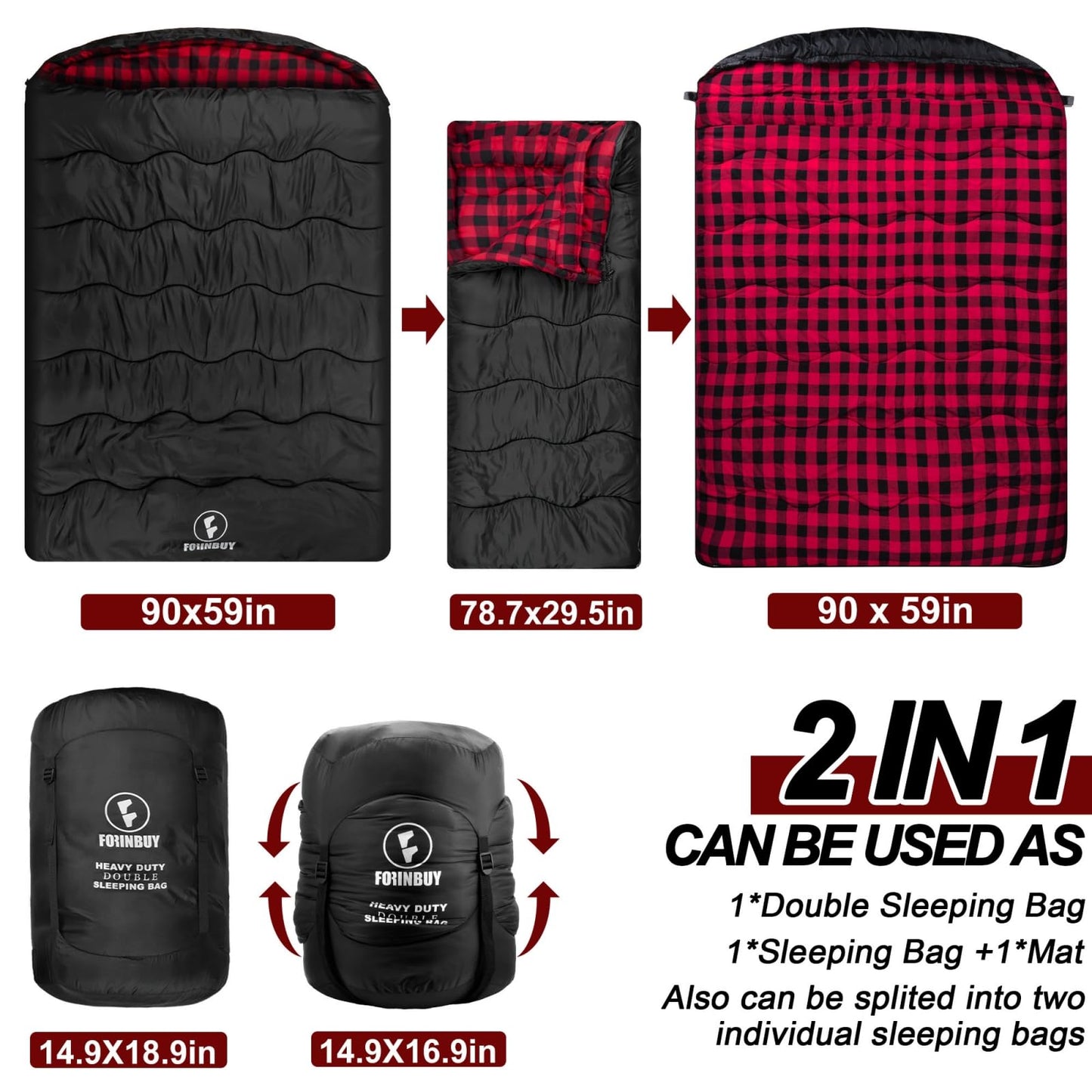 FORINBUY 0 Degree Flannel Double Sleeping Bag for Adults, Couples or Family - Winter Queen Size Waterproof & Warm 2-Person Sleeping Bag for Cold Weather Camping, RV Travel