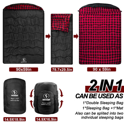 FORINBUY 0 Degree Flannel Double Sleeping Bag for Adults, Couples or Family - Winter Queen Size Waterproof & Warm 2-Person Sleeping Bag for Cold Weather Camping, RV Travel