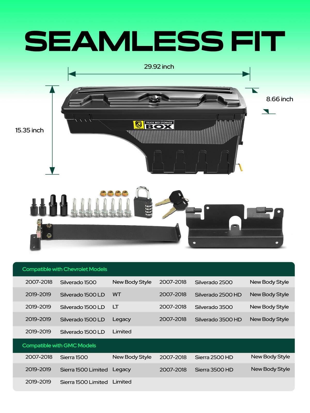 YHTAUTO Truck Bed Storage Tool Box Lockable Compatible with 2007-2018 Chevrolet Silverado & GMC Sierra 1500 2500 3500, 2019 Silverado/Sierra 1500 Passenger Side, Swing Waterproof Wheel Well Toolbox