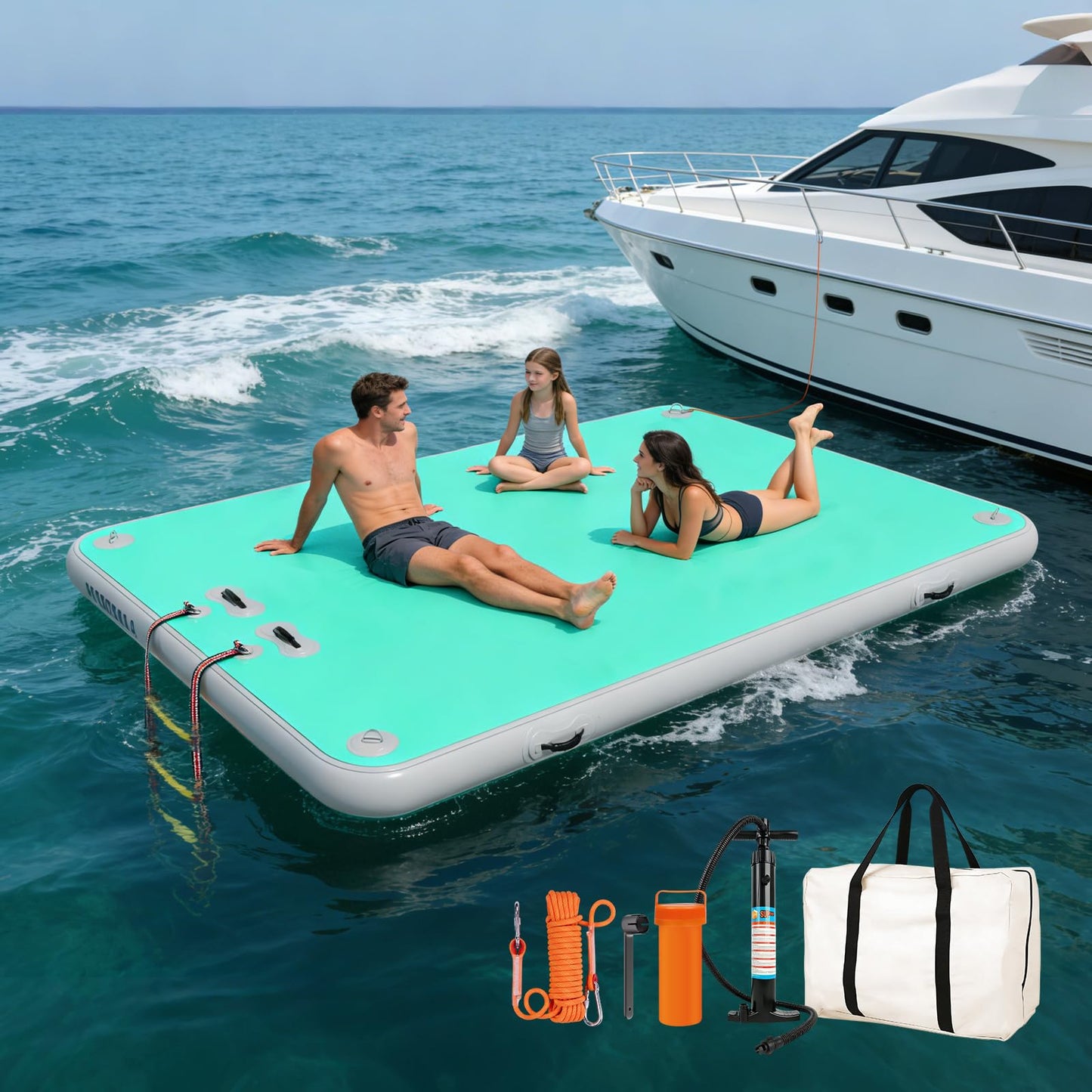 Inflatable Floating Dock, Water Island Float Raft Mat with Non-Slip Surface, 10FT Air Deck Platform, 6 Inch Thick for Pool, Lake, River, Beach, Ocean (Mint Green)