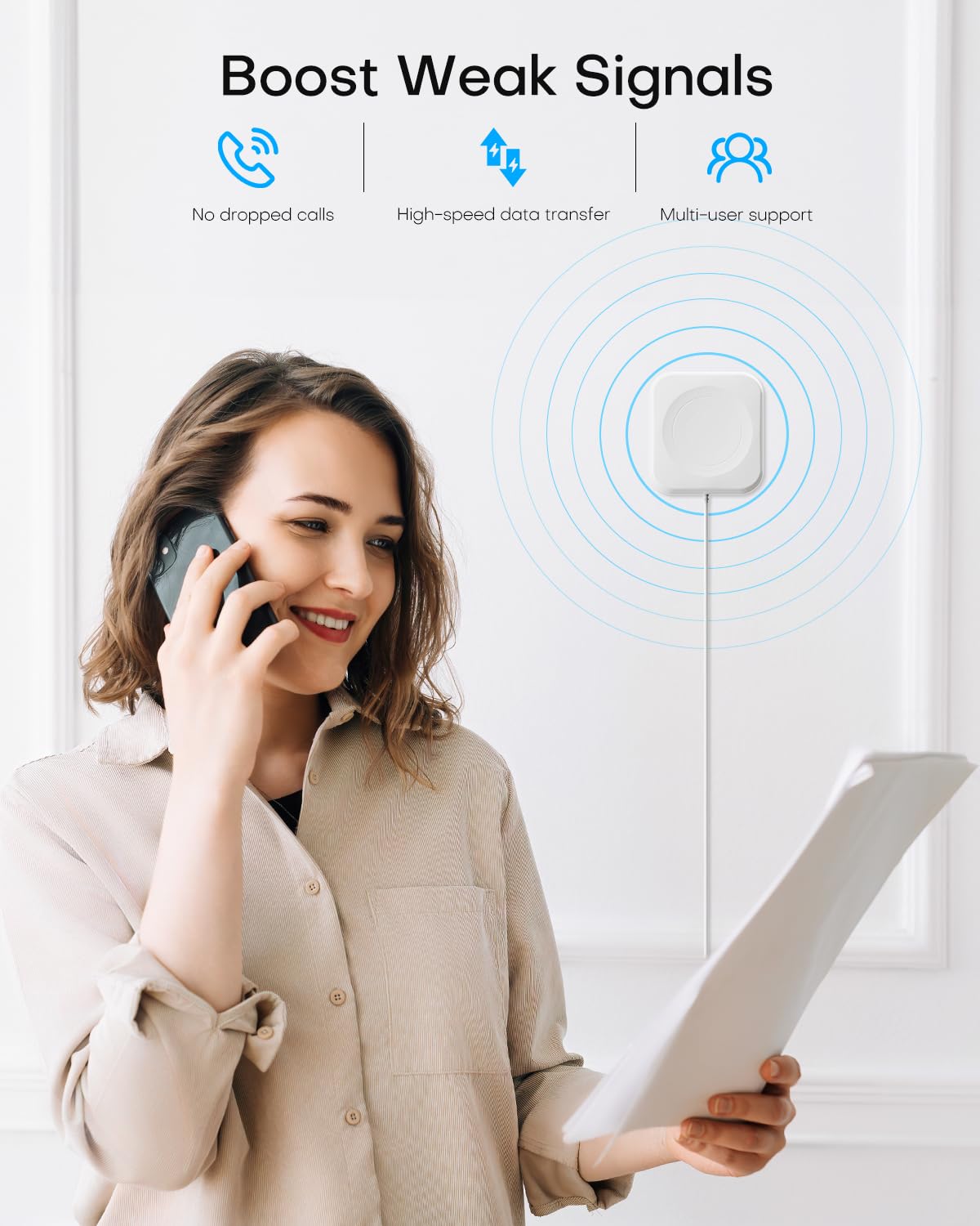 Cell Phone Booster for Home Office | Up to 2500 Sq Ft | Cell Phone Signal Booster Boosts 5G, 4G LTE for All U.S. Carriers—Verizon, AT&T, T-Mobile&More | HD Display | App Support | FCC Approved