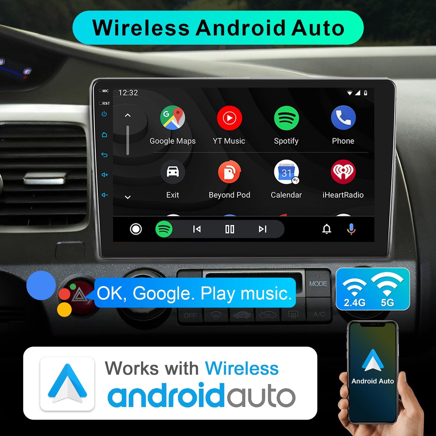 Car Stereo Radio for Honda Civic 2006 2007 2008 2009 2010 2011 with Wireless Carplay & Android Auto,10.1 Inch 1080P Touch Screen for Civic Radio with Bluetooth FM Mirror Link SWC No Camera