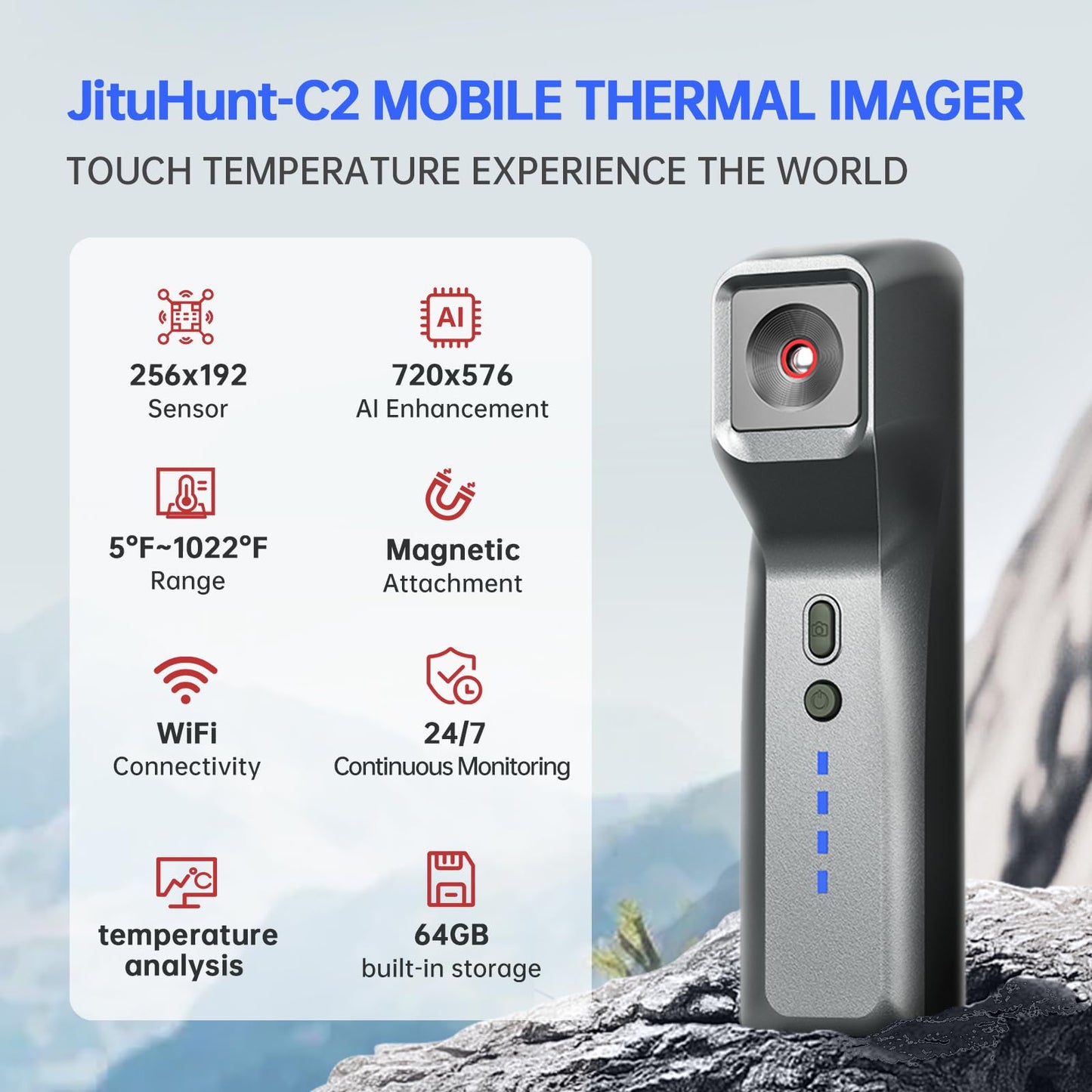 JituHunt Wireless Thermal Imaging Camera for Android/iOS(iPhone), 256x192, Magnetic Attachment, 24/7 Monitoring, 4°F~1022°F Range, 64GB Storage