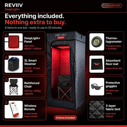 REVIIV Infrared Sauna Box for Home with 660nm & 850nm Red Light Therapy, Foldable Full Body Portable Steam Sauna Tent, 1500W Steamer + Chair, 71" Tall, 9 Heat Levels for Detoxification – DeepLight+