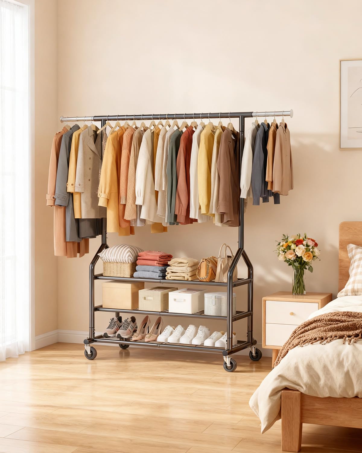 EAGMAK Heavy Duty Clothes Rack Load 686 LBS, Rolling Clothing Rack with 3 Shelves, Height Adjustable Metal Coat Racks, Portable Garment Closet Wardrobe Organizer with Wheels for Hanging Clothes, Black