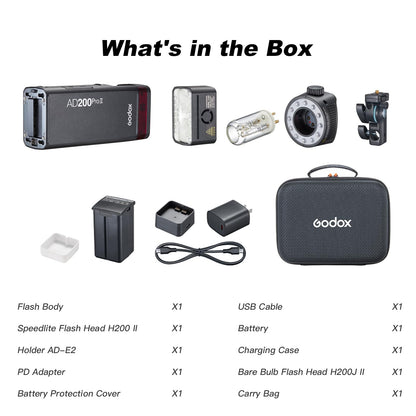 GODOX AD200 PRO II Flash (2025) AD200 PRO Strobe, Updated 200Ws 2.4G 1/512 to Full Power (1/1) Ten-Step Power Adjustment, Color Temperature Constant Mode ±100K Flash Head Pocket Flash Monolight
