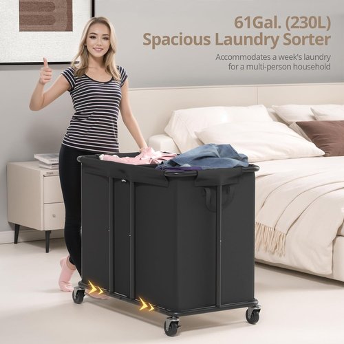 Hodonas Laundry Hamper - 2-Section 230L Heavy-Duty Rolling Basket with Silent Casters | Black, 31.5"L x 15.75"W x 30.7"H