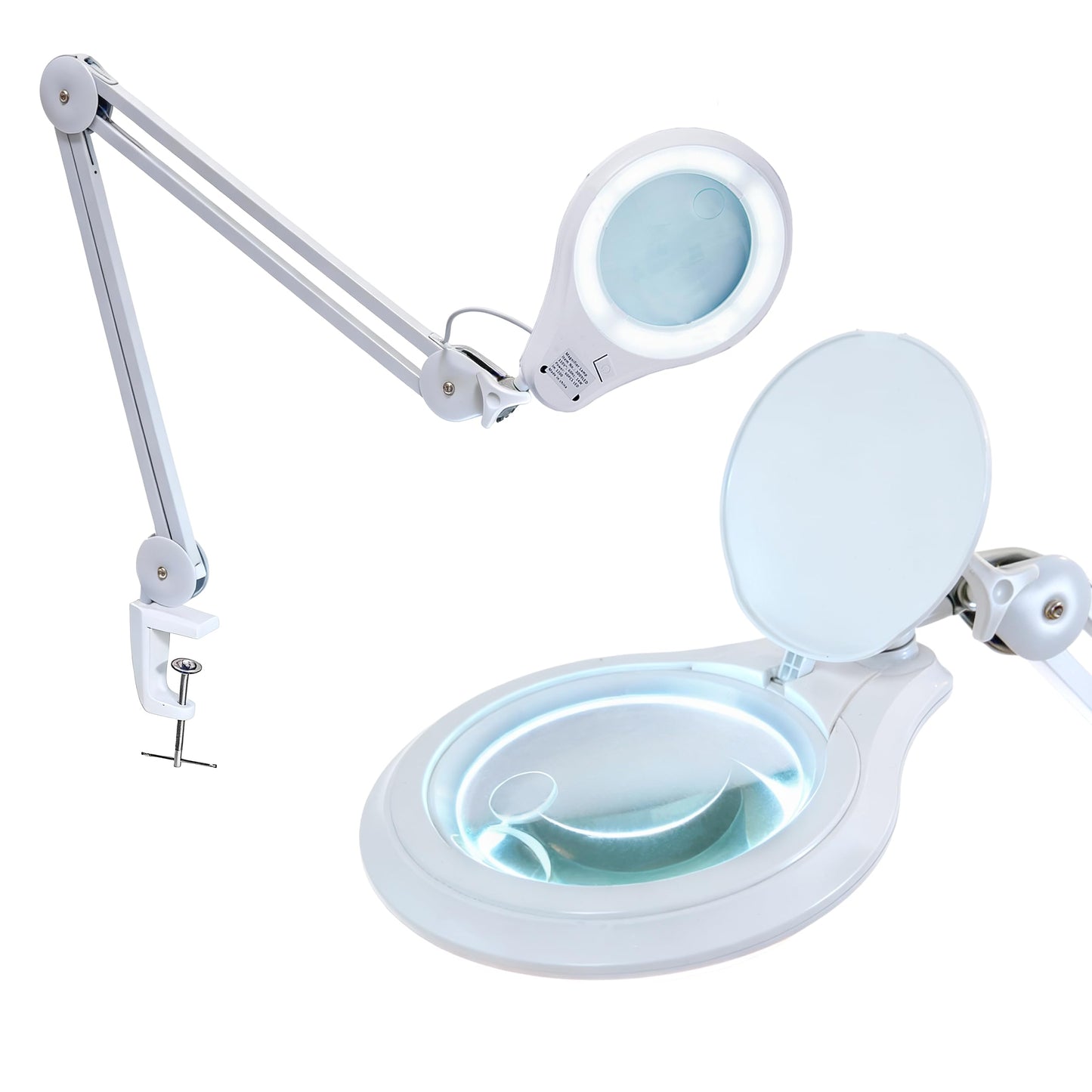 Neatfi LED Bifocal Magnifying Lamp 1,200 Lumens – 5” Glass Lens, Dual Magnification 2.25X/6X, Dimmable | Adjustable Arm with Clamp | Crafting, Jewelry & Reading (5 Diopter + 20 Diopter, White)