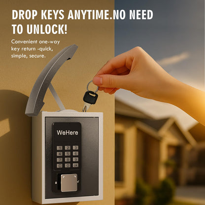 WeHere Key Lock Box Wall Mount with Key Drop Slot, Smart Digital Lockbox, OTP/APP Bluetooth/Wi-Fi/Fixed Code/Key Unlock, Key Safe Security Storage for House Outside, Realty Business, Apartment, Store