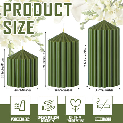 Conelist Set of 3 Moss Green Ribbed Pillar Candles Soy Wax Scented Ribbed Candles Includes 2.8, 4.2 and 5.1 Inches Heights Decorative Romantic Wedding Decoration for Couple Home Birthday Gift