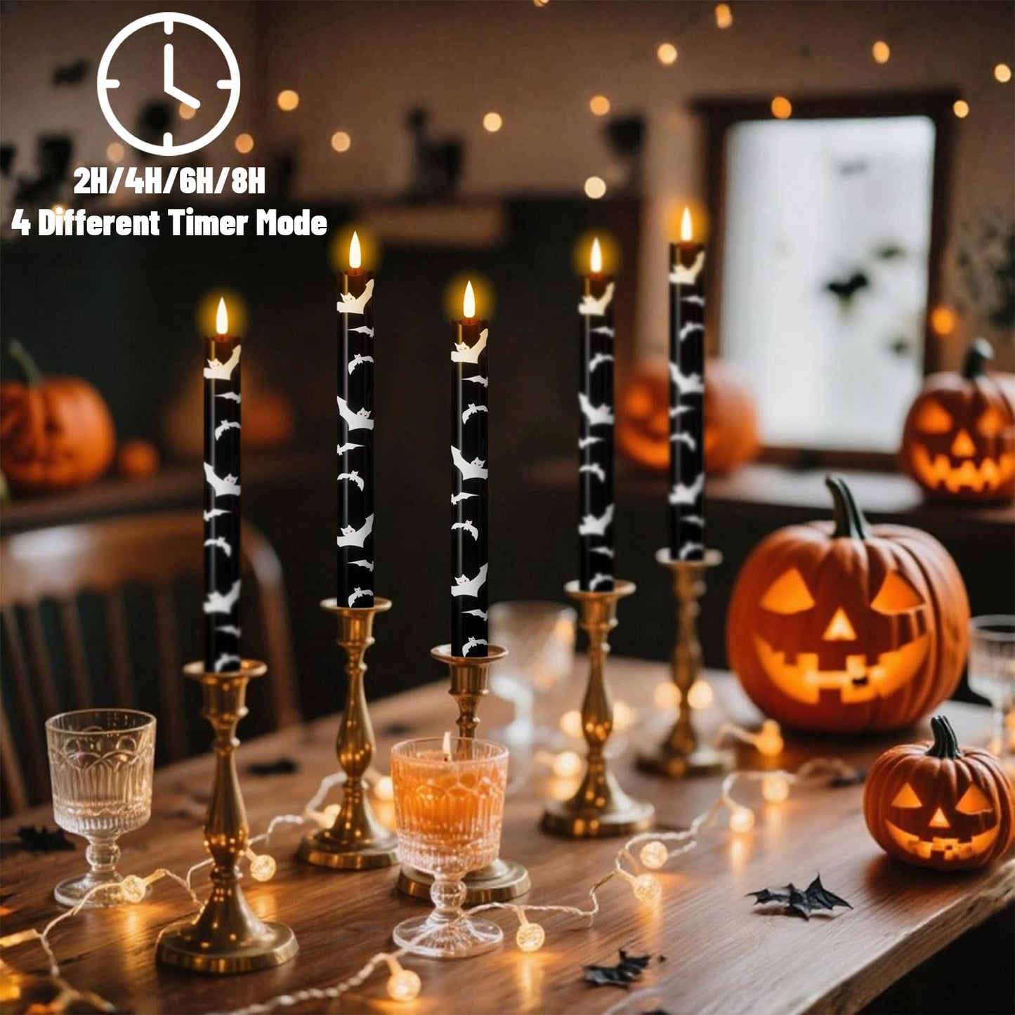 Wondise Black Halloween Flameless Taper Candles with Remote & Timer, Halloween Battery Operated Candles with Bats Decals Waxy 3D Wick Flickering for Halloween Decorations