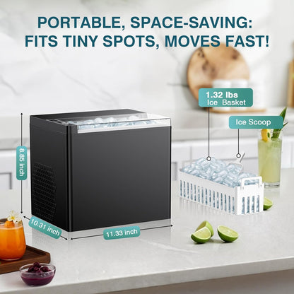 Ice Makers Countertop, 9 Ice Cubes in 6 Mins Portable Ice Maker, 2 Sizes of Bullet Ice (S/L) Small Ice Machine for Home Kitchen Camping (Onyx)
