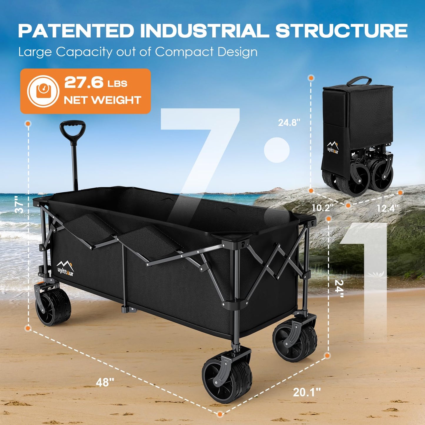 Uyittour 300L Extra Large Collapsible Foldable Wagon, 440lbs Load Capacity 48''L Extended Heavy Duty Folding Beach Wagon with Big All-Terrain Wheels, Utility Garden Cart for Outdoor Activities, Black