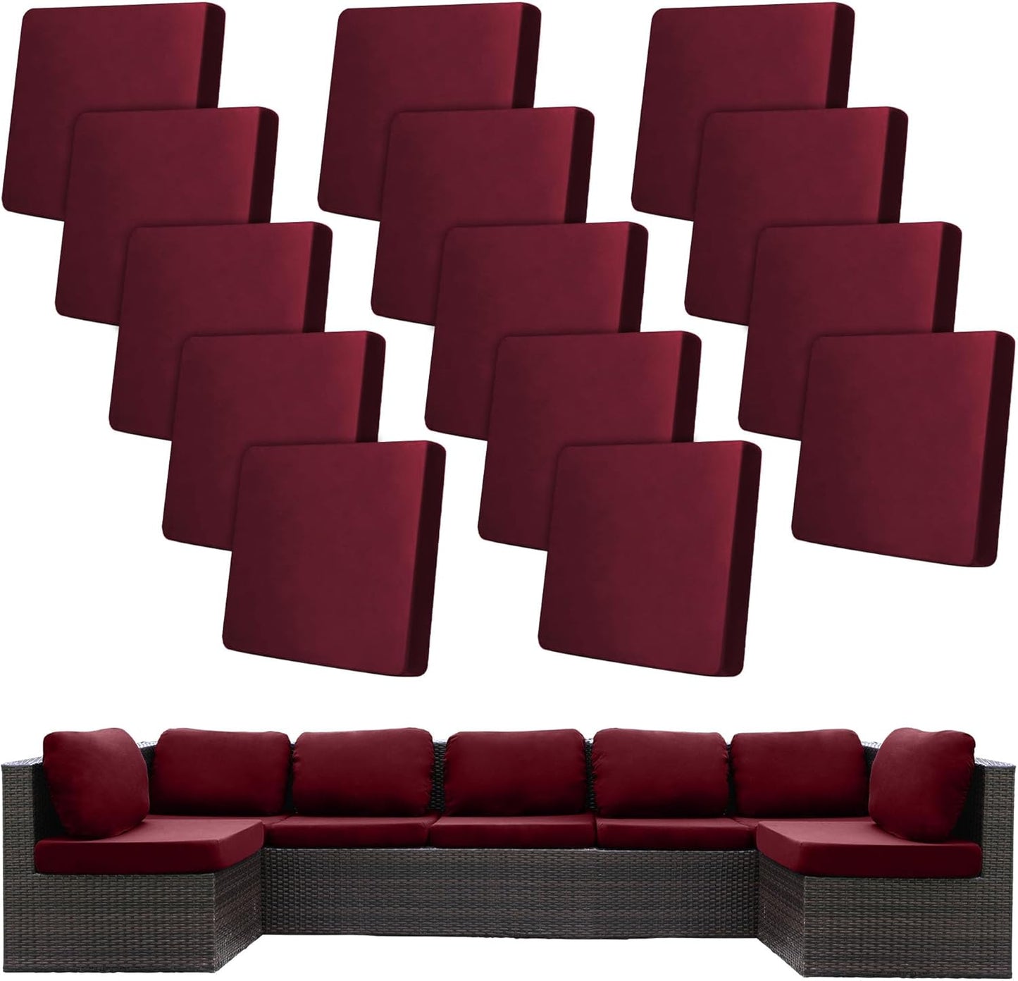 Skiennix 14 Pcs Stretch Patio Cushion Covers - Washable & Reusable Outdoor Sofa Slipcovers | Wine Red