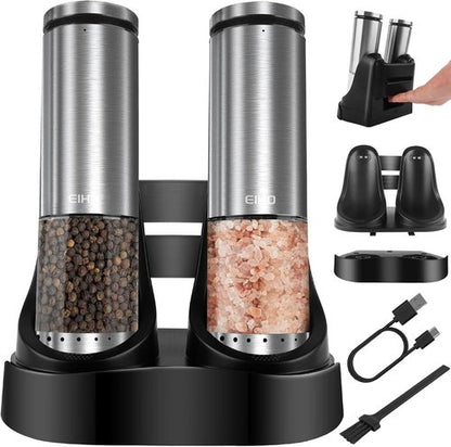 EIHO Electric Salt and Pepper Grinder Set - USB Rechargeable, Adjustable Coarseness, Stainless Steel Mills with LED Light