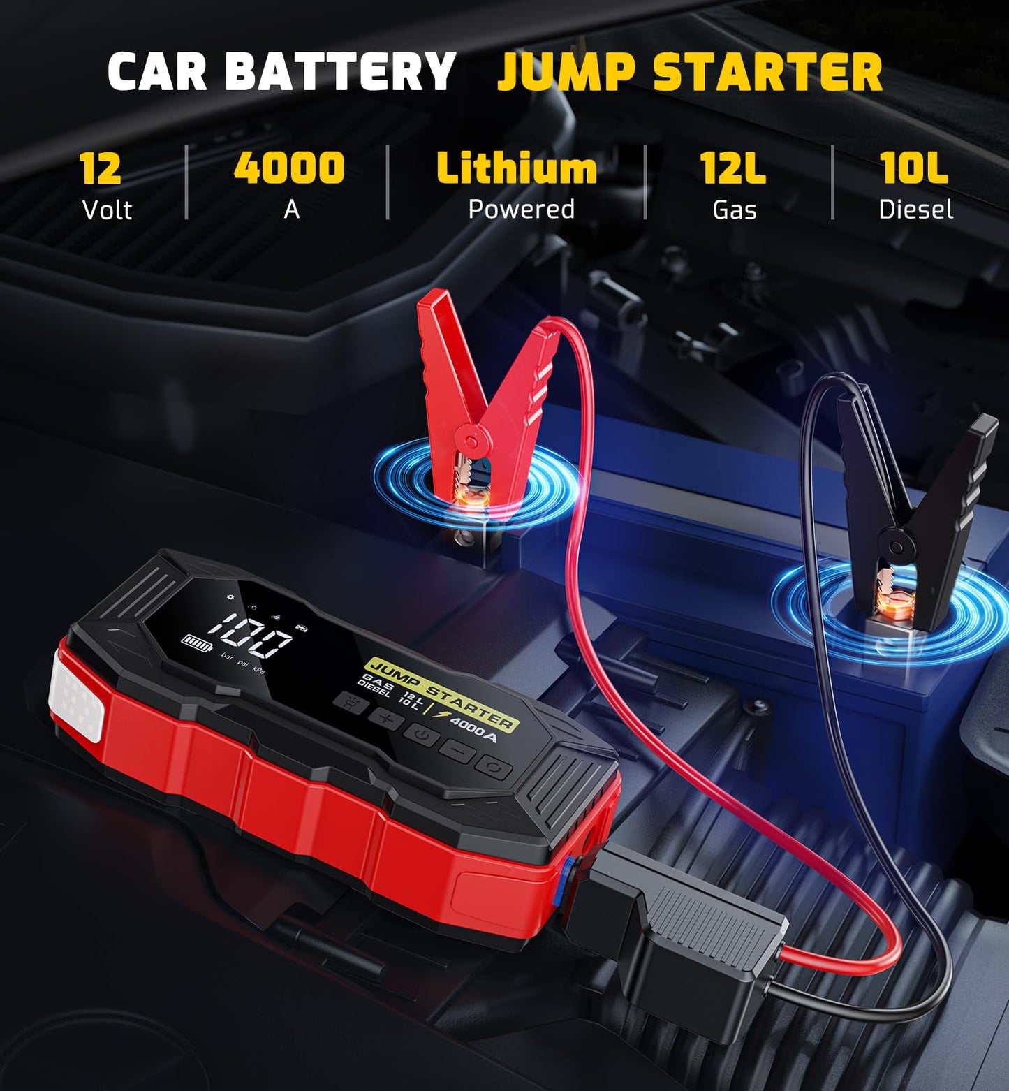 Jump Starter with Air Compressor, Portable Car Battery Jump Starter(12 Gas/10L Diesel), 4000A Peak 160PSI 12V Automobile Jump Box Pack Chargers with Jumper Cables, 4-Mode LED Lights (Black&Red)