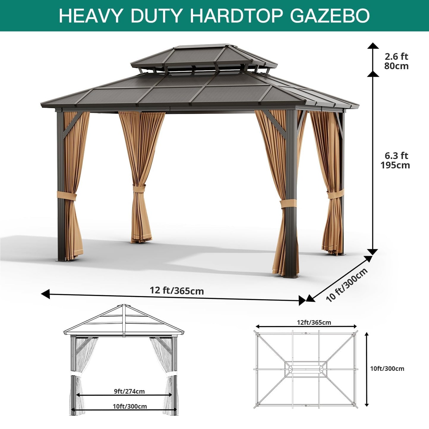 10x13 Hardtop Gazebo, Double Galvanized Steel Roof Outdoor Gazebo with Aluminum Frame, Curtains and Netting Included for Patio, Backyard, Garden Parties