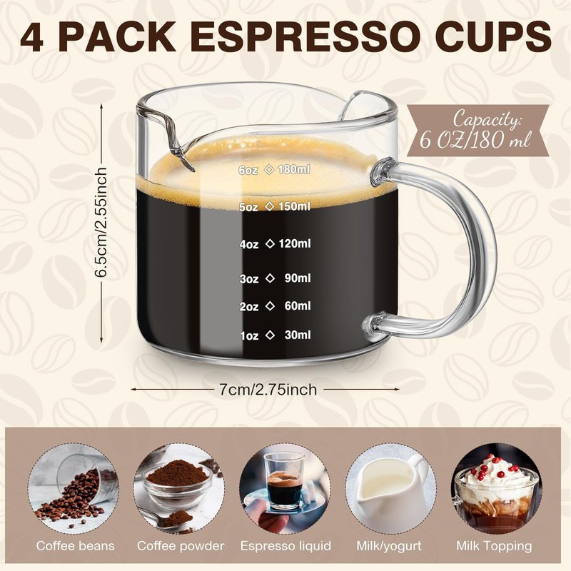 Patelai 4 Pcs 6oz/180ml Espresso Cups, Glass Measuring Cups with Double Spouts & Handle, Scale Espresso Shot Glass Milk Frothed Cup Coffee Accessories for Machines, Milk Frothed, and Bars