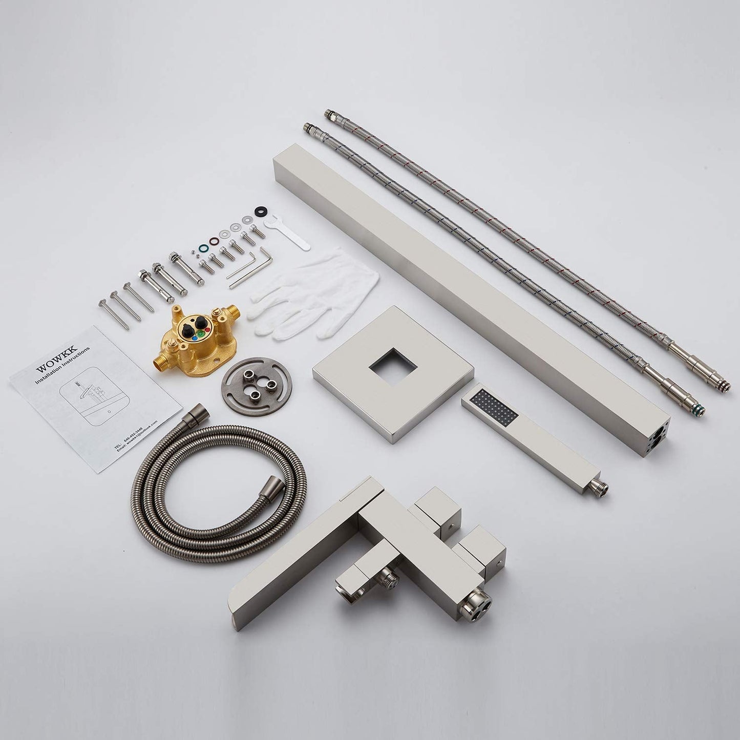 Wowkk Thermostatic Freestanding Bathtub Faucet Waterfall Tub Filler Brushed Nickel Floor Mount Brass Bathroom Faucets with Hand Shower