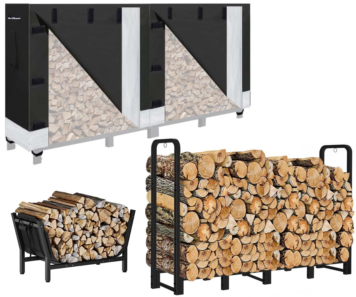 Artibear 8FT Firewood Rack Outdoor with Black Cover, bundle 28In Indoor Fireplace Log Holder with Carrier Bag
