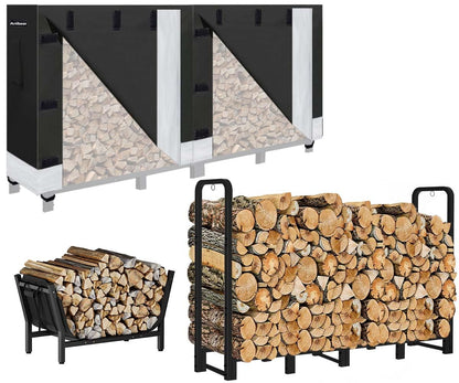 Artibear 8FT Firewood Rack Outdoor with Black Cover, bundle 28In Indoor Fireplace Log Holder with Carrier Bag