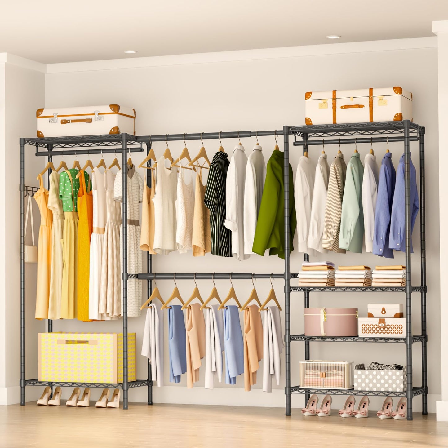 Exglobol Heavy Duty Garment Rack, Portable Expandable Freestanding 4 Tiers Adjustable Wire Shelves Clothes Rack with 2 Retractable Poles, 70.9-86.6" L x 15.7" W x 76.8" H, Max Load 900LBS, Black