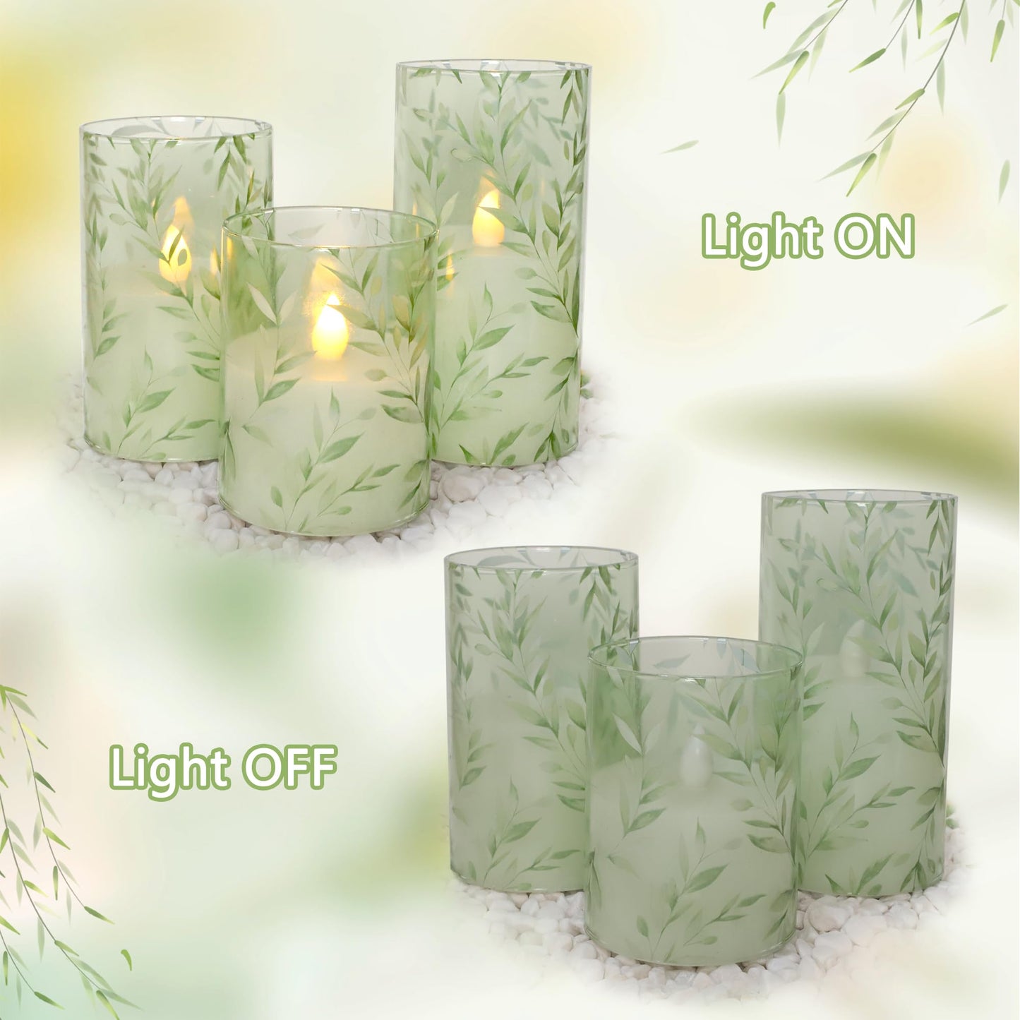 Immeiscent Glass Flameless Candles Green Decor Willow Leaves Vines Greenery Battery Operated LED Pillar Candles for Elegant Home Botanical Decor Special Occasions, Set of 3