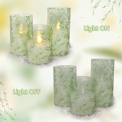 Immeiscent Glass Flameless Candles Green Decor Willow Leaves Vines Greenery Battery Operated LED Pillar Candles for Elegant Home Botanical Decor Special Occasions, Set of 3
