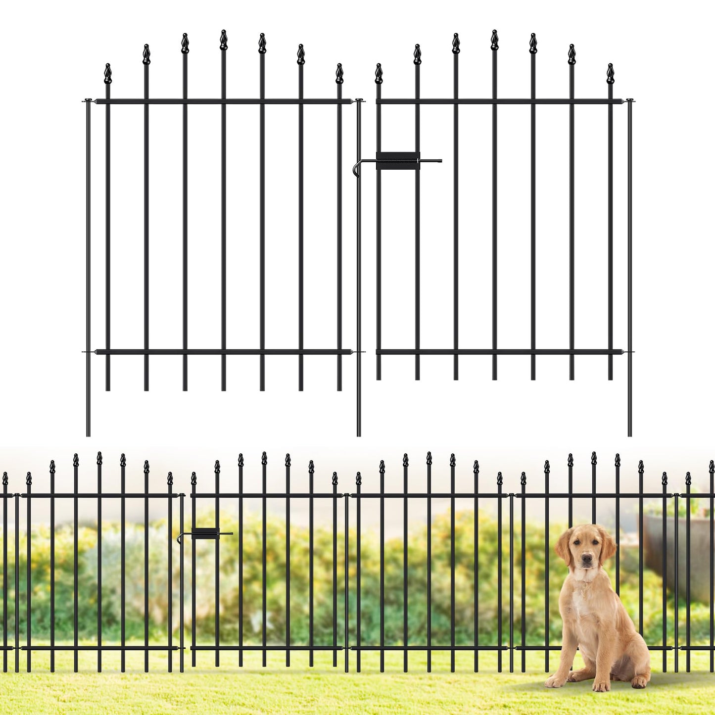 FOREHOGAR Metal Garden Fence with Gate 32 in H x 12 ft L, 1 Gate + 5 Panels Border Dog Fence Panels Animal Barrier, No Dig Garden Fencing for Yard Patio Flower Bed Lawn Outdoor, Arch Black