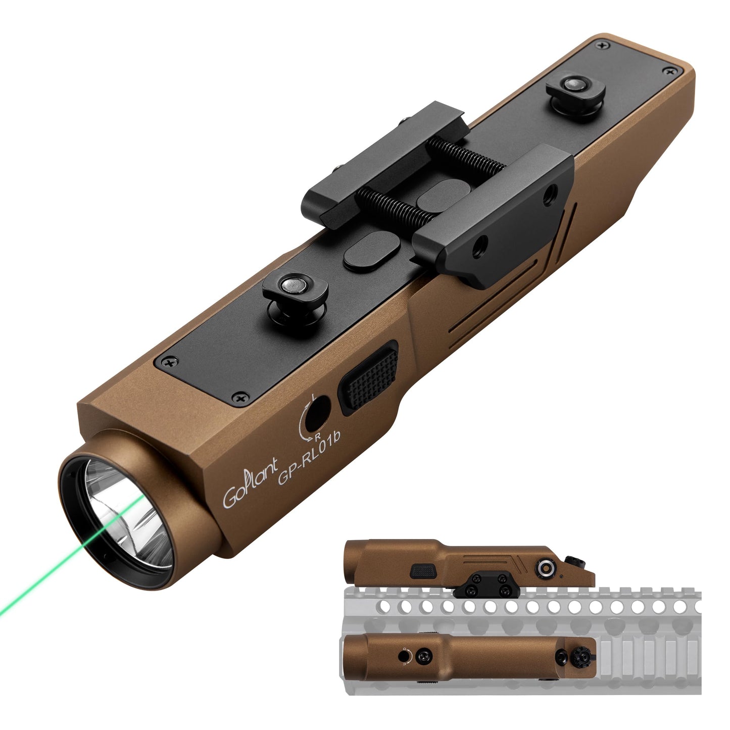 GOPLANT 2500 Lumen Aluminum Alloy Rifle Laser Light Combo, 2.5 Hours Long Runtime AR15 Weapon Light and Green Laser, Picatinny Rail MLOK Mounted LED Tactical Flashlight (Desert Tan)