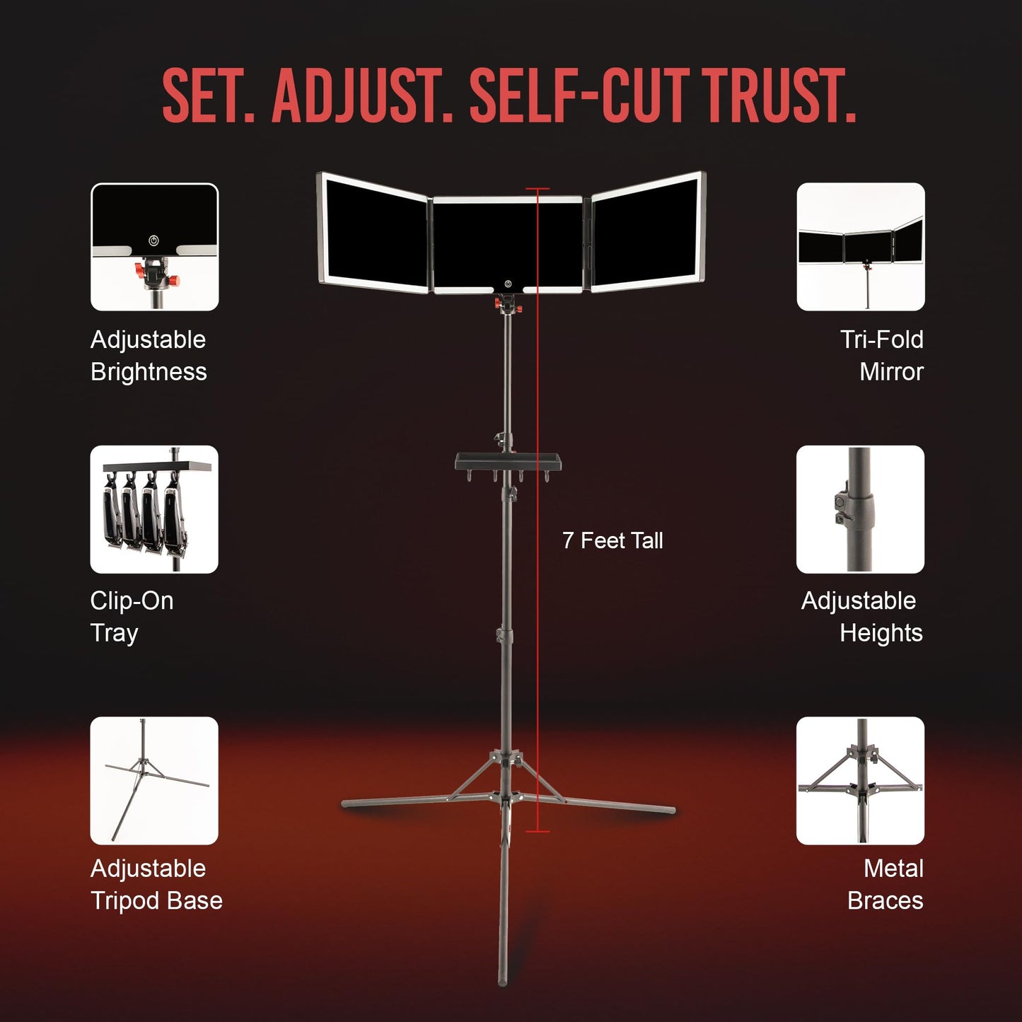 Self-Cut System Angel Lights Tripod - 3 Way Mirror for Self Hair Cutting - Includes Attachable Clipper & Trimmer Tray - Trifold Barber Mirror - Adjustable Height & Brightness - Travel-Friendly