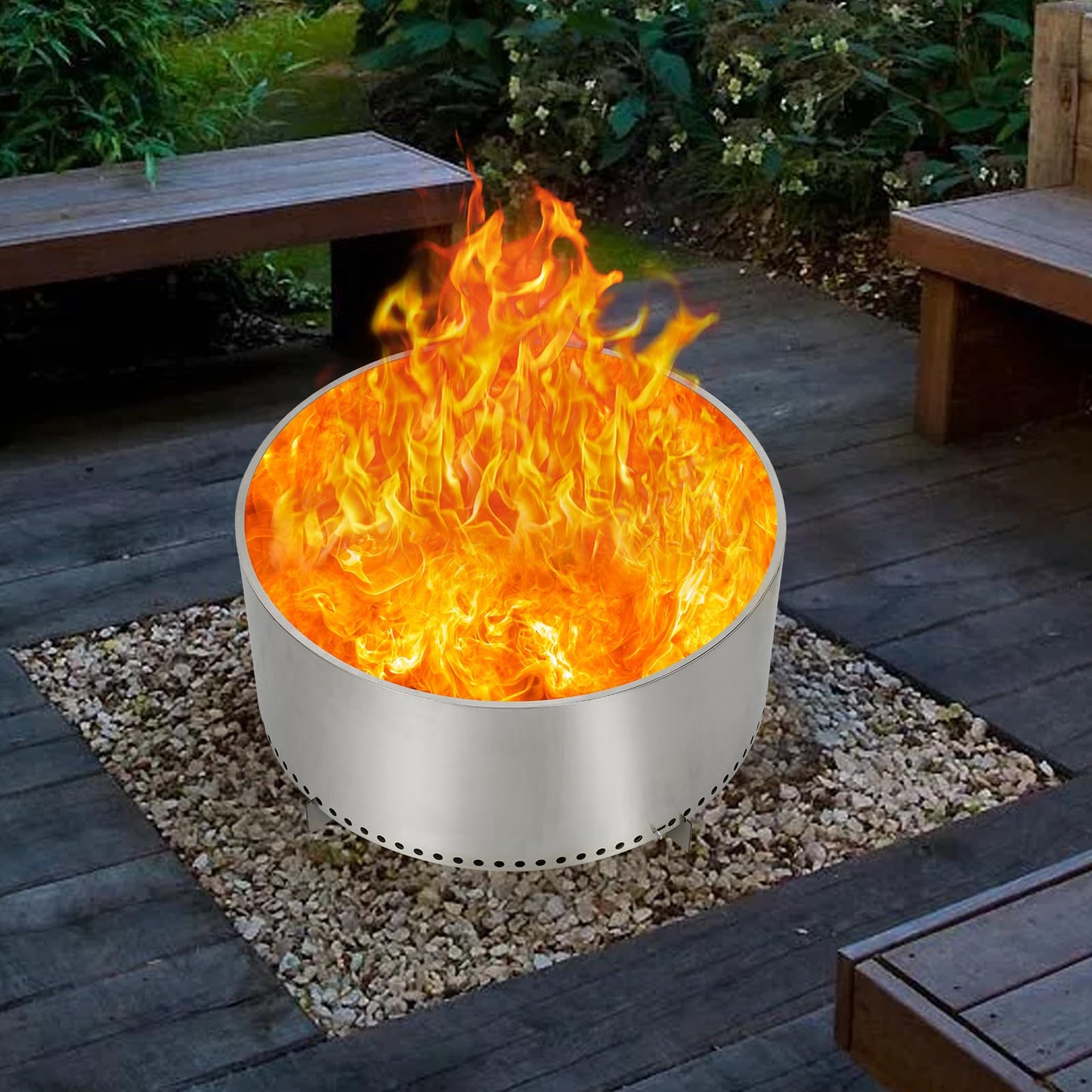 27" Smokeless Fire Pit, Portable Stainless Steel Firepit for Camping, Backyard, Beach,360° Airflow Wood Burning Outdoor Fireplace with Stand & Removable Ash Pan