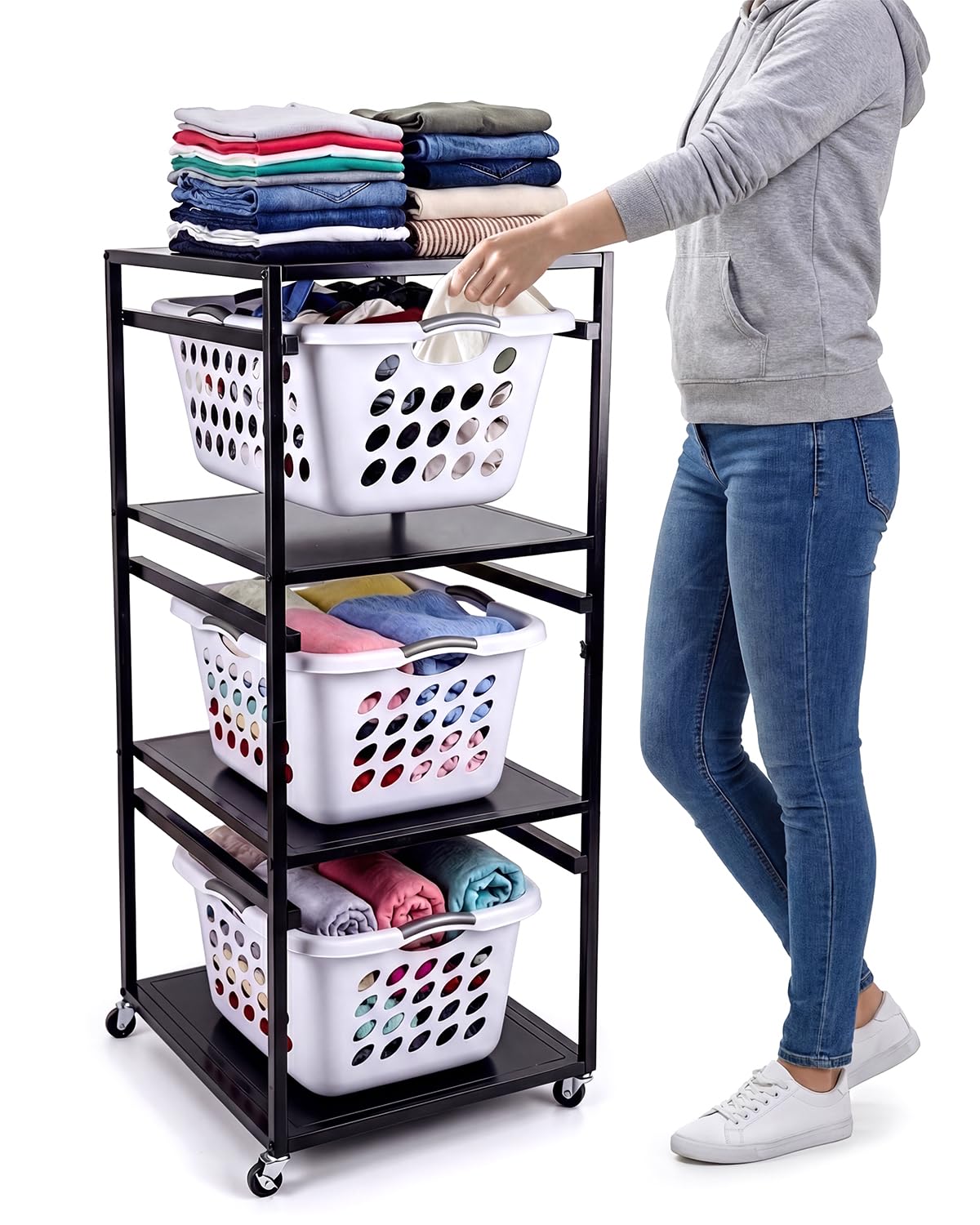 Laundry Basket Holder Shelf, 3-Tier Metal Laundry Basket Organizer with Wheels, Rolling Laundry Storage Rack for Bathroom, Bedroom & Laundry Room